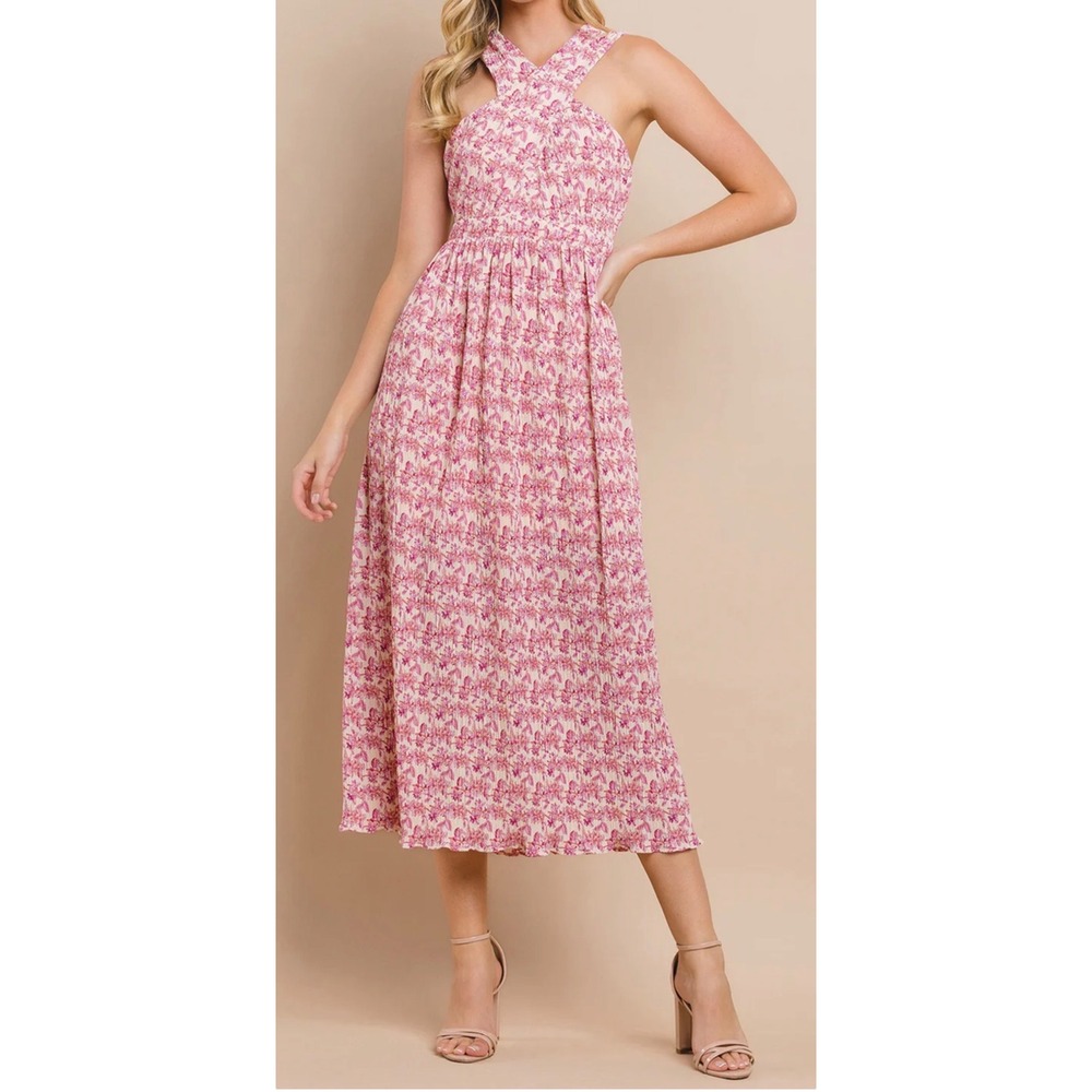 TCEC Jumpsuit Floral Plisse V-Neck Criss Cross Back Pink Cream NWT